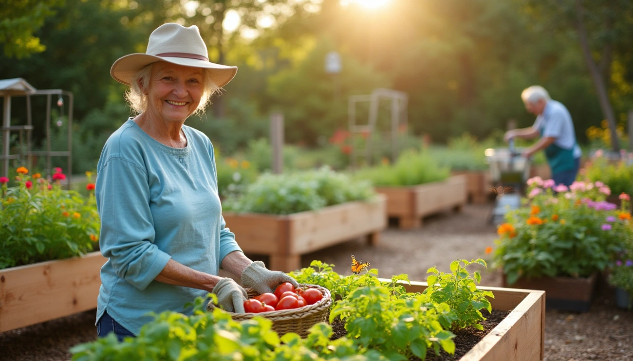 Senior woman harvesting tomatoes in a sunny community garden with raised beds and colorful flowers around.