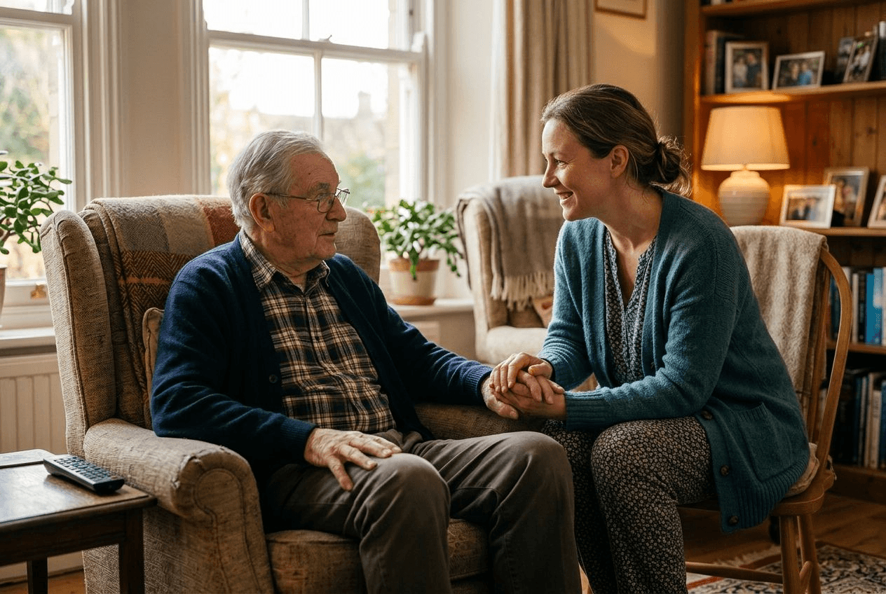 A caregiver in soft everyday clothing sitting beside an elderly man in an armchair in a warm living room at golden hour, holding his hand and listening