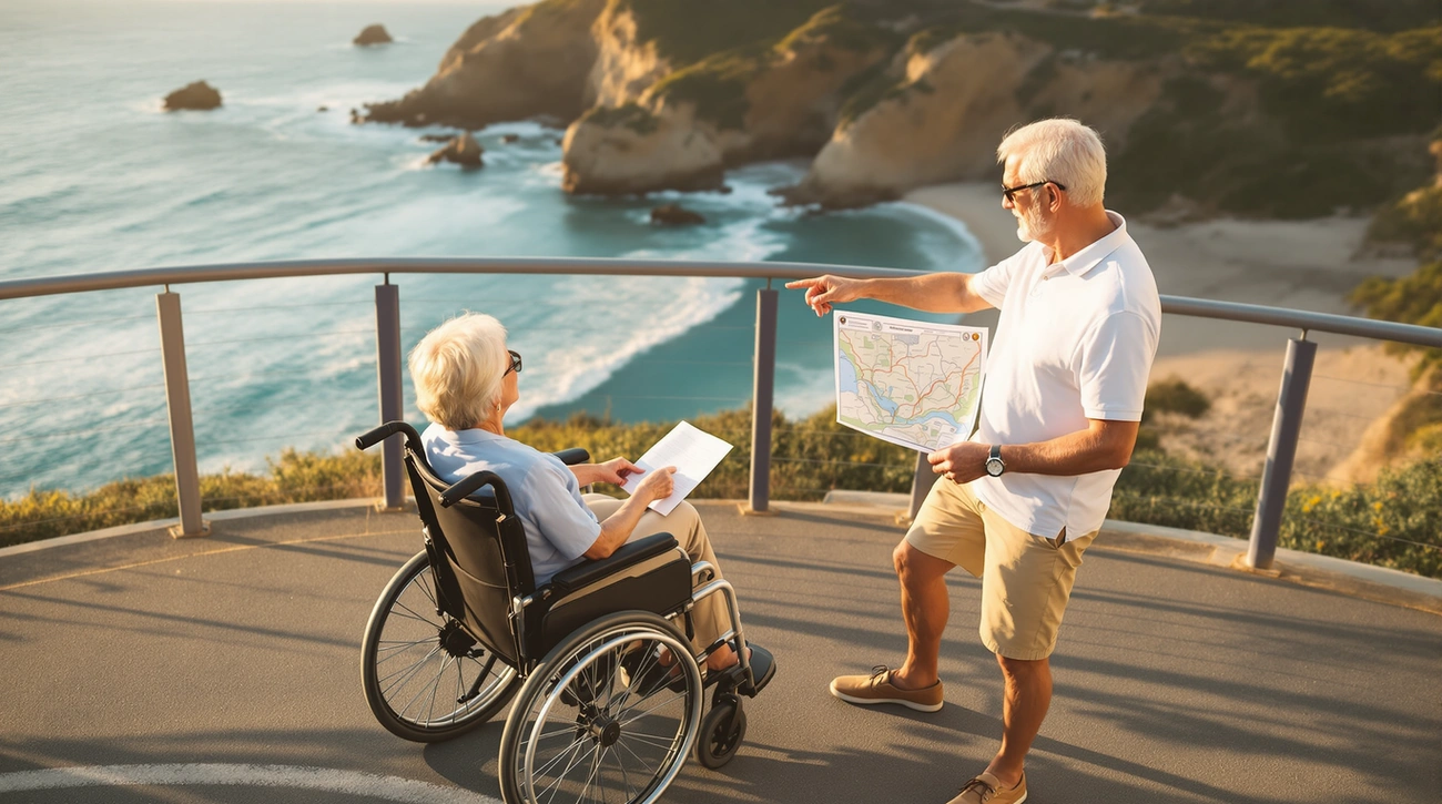 Senior man holding a map and planning a tour with a woman in a wheelchair overlooking a coastal view.