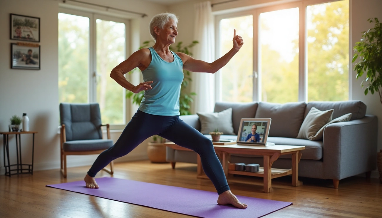 Senior woman practicing yoga on a mat at home following an online exercise class on a tablet.