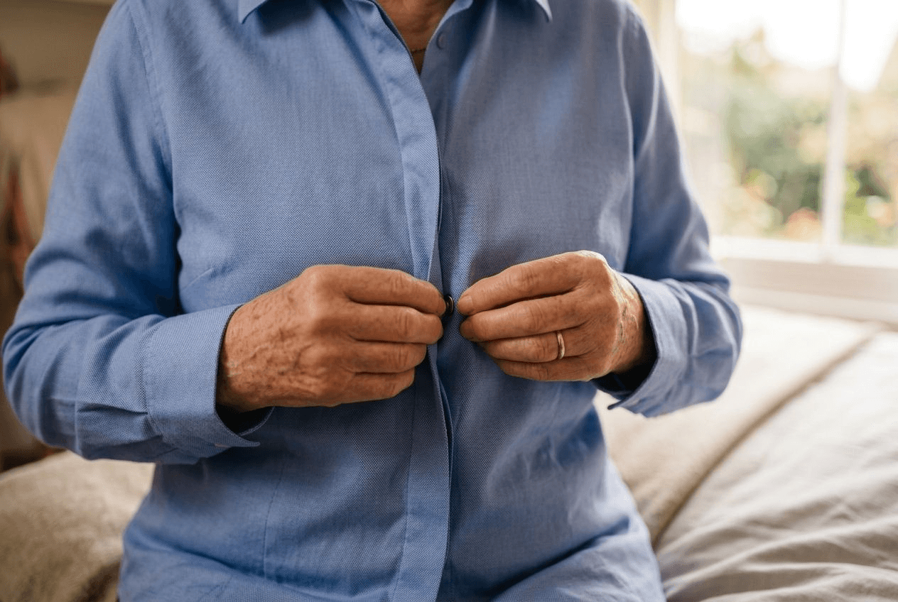 Close-up of an older woman's hands easily pressing together the front of a blue shirt that closes with hidden magnetic snaps