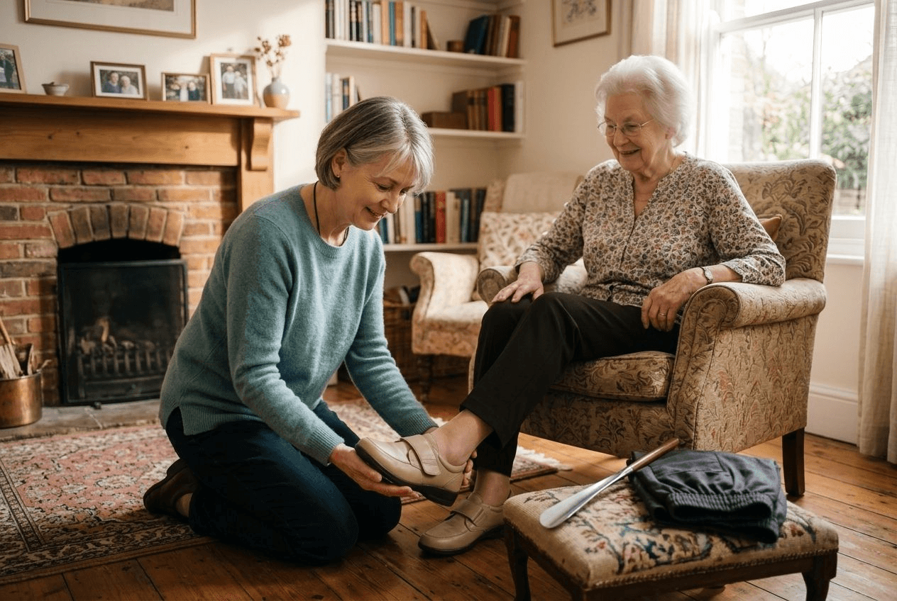 A patient adult daughter kneeling to help her seated mother put on a slip-on shoe with a wide strap, a shoehorn and folded trousers resting nearby