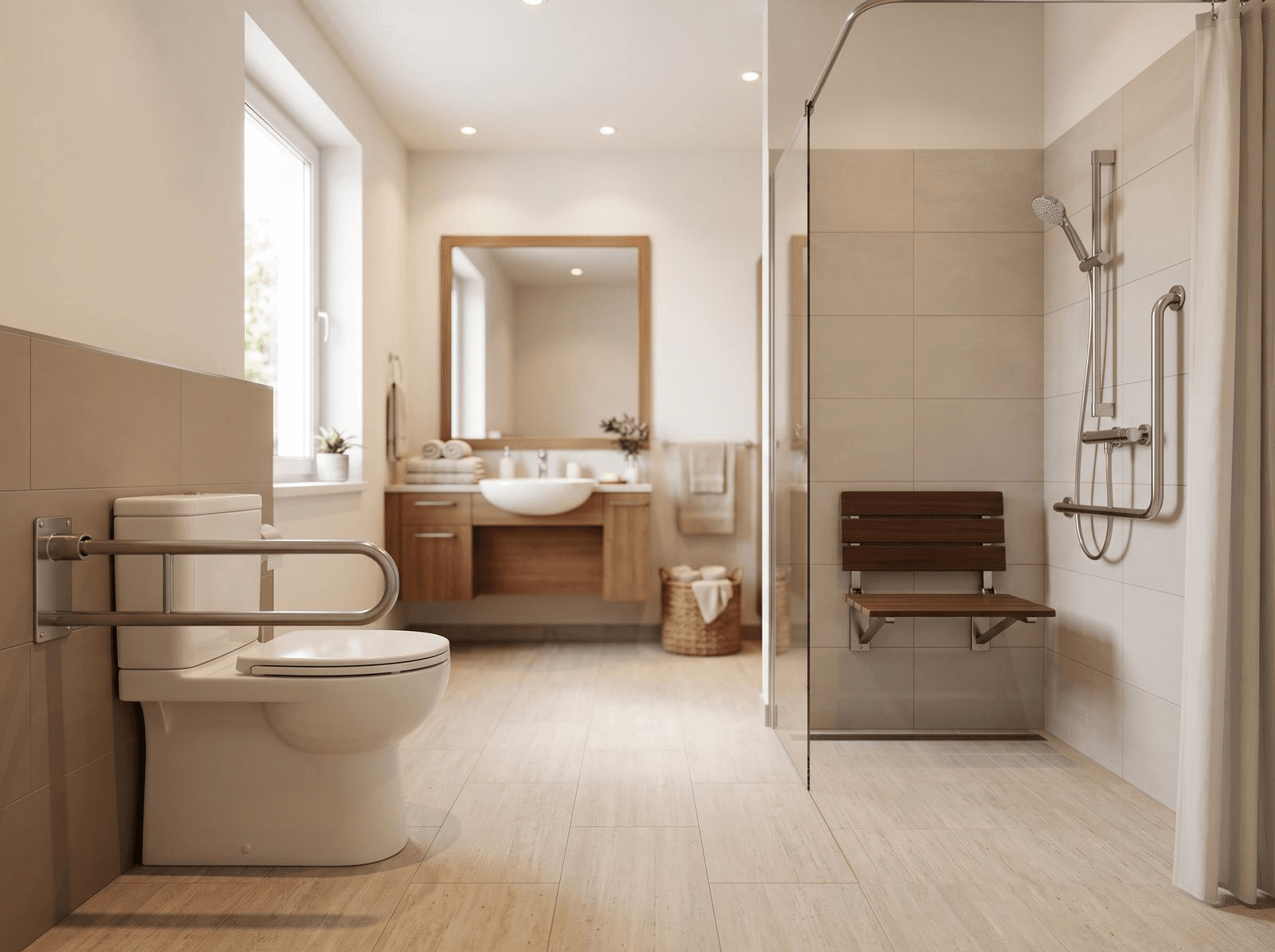 A safe, modern senior bathroom with a wall-mounted grab bar beside the toilet, a walk-in shower with a bench and a second grab bar, and bright even lighting