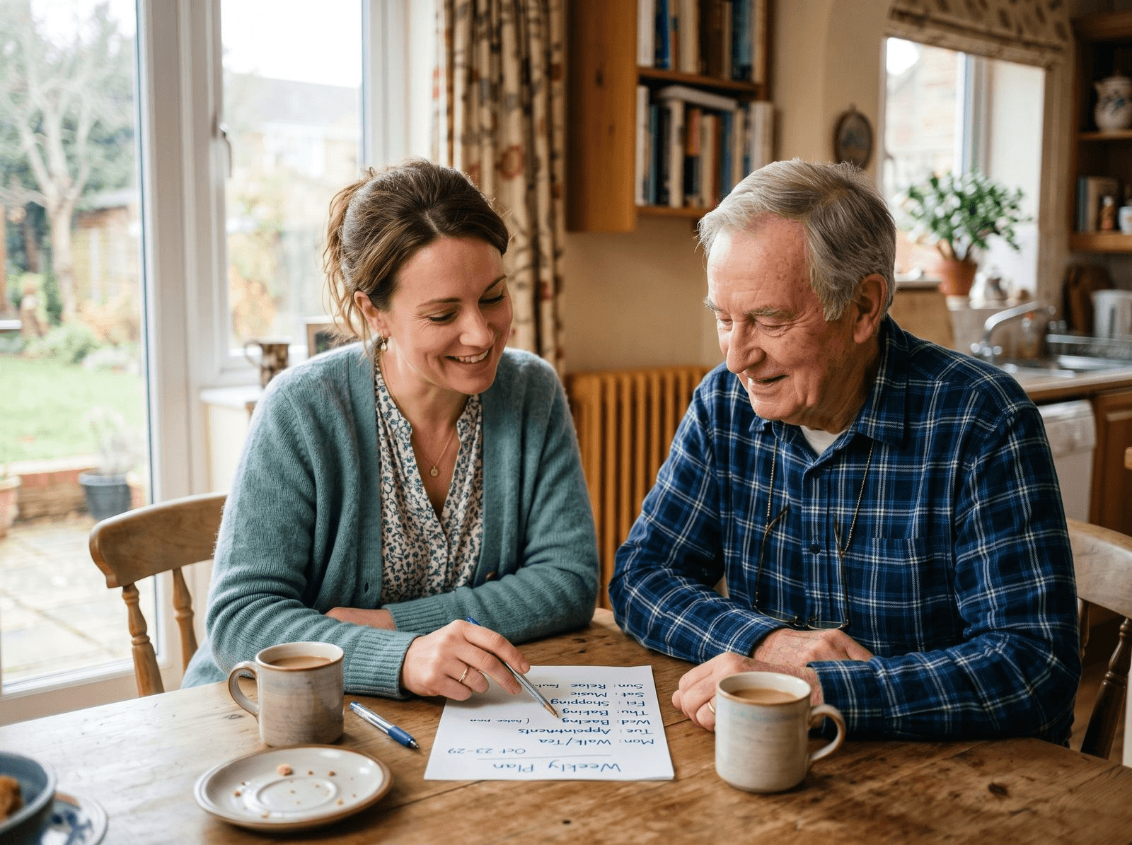 A home caregiver sits at a kitchen table beside an older man, the two of them going over a written weekly plan together over cups of coffee