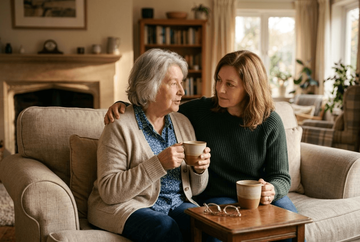 An adult daughter sitting close to her older father on a sofa in warm afternoon light, listening attentively as they talk over cups of tea
