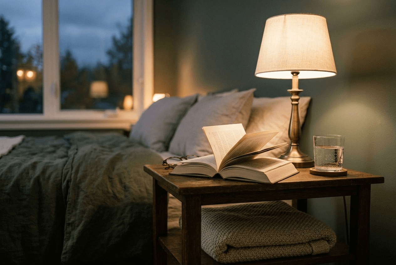 A peaceful bedside scene at dusk with a softly glowing lamp, a folded blanket, a book, and a glass of water on the nightstand