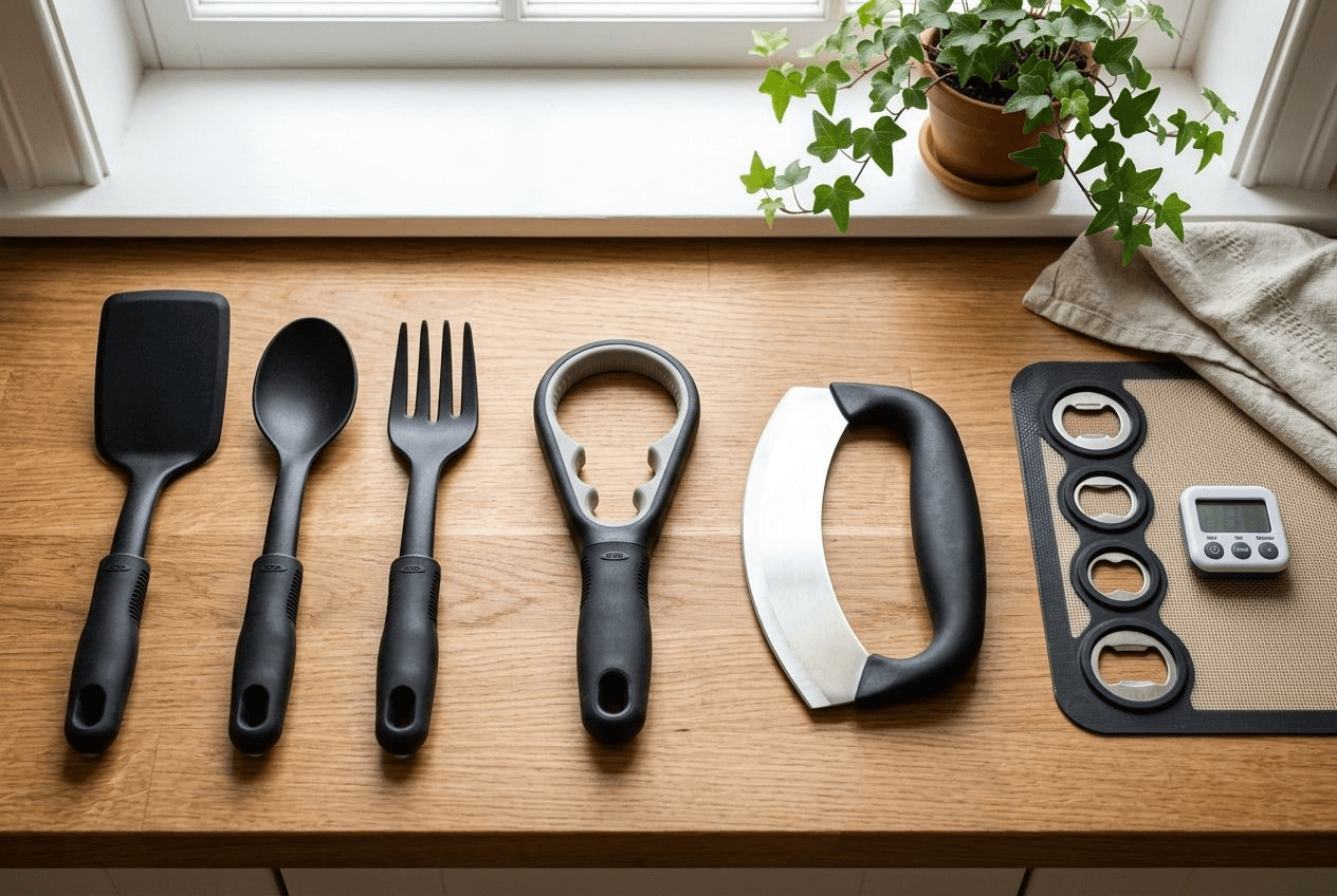 Illustration of adaptive kitchen tools for arthritic hands on a counter, including a jar opener, thick-handled utensils, and a rocker knife