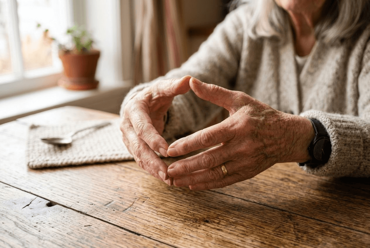 An older person's hands held gently together at a wooden table, fingertips touching in a slow range-of-motion hand exercise