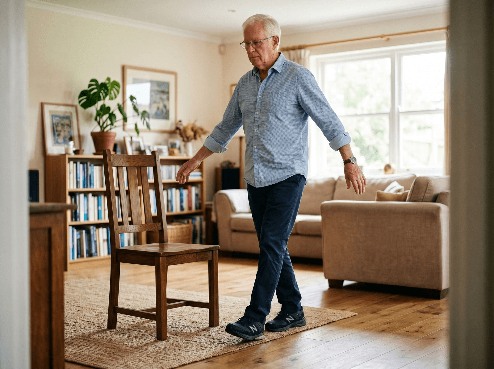 A white-haired older man practicing heel-to-toe walking across a living-room floor, placing one foot directly in front of the other with his arms held out for balance and a sturdy chair within reach