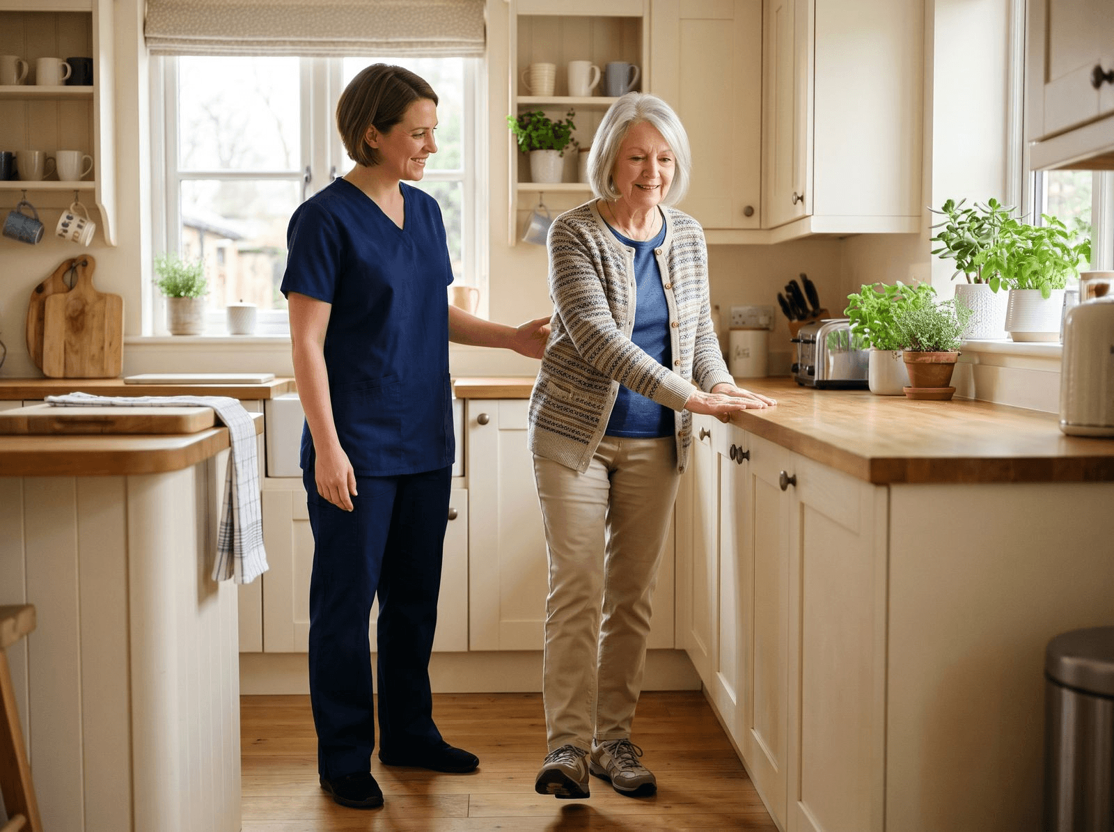 A friendly caregiver standing attentively beside a smiling silver-haired woman, one hand hovering near her back to spot her as she practices a standing balance exercise at her kitchen counter
