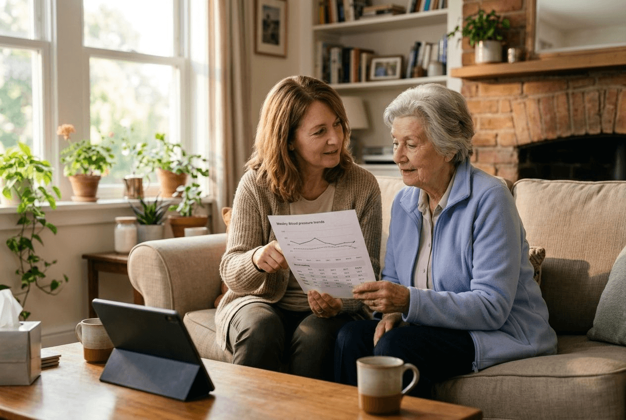 An adult daughter and her mother reviewing a printed blood pressure report together on a sofa with a tablet nearby