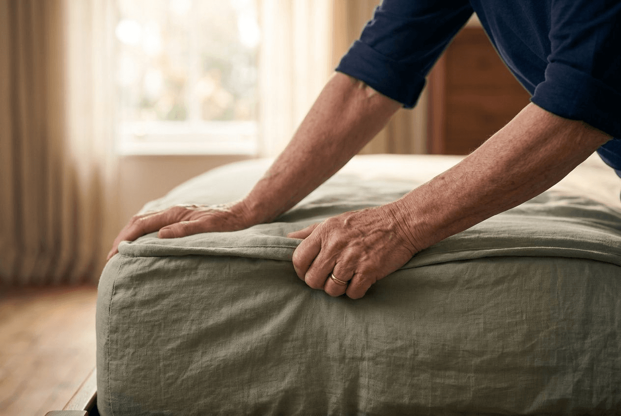 Close-up of an older person's hands pressing firmly into the reinforced edge of a sage-colored mattress to push up to standing