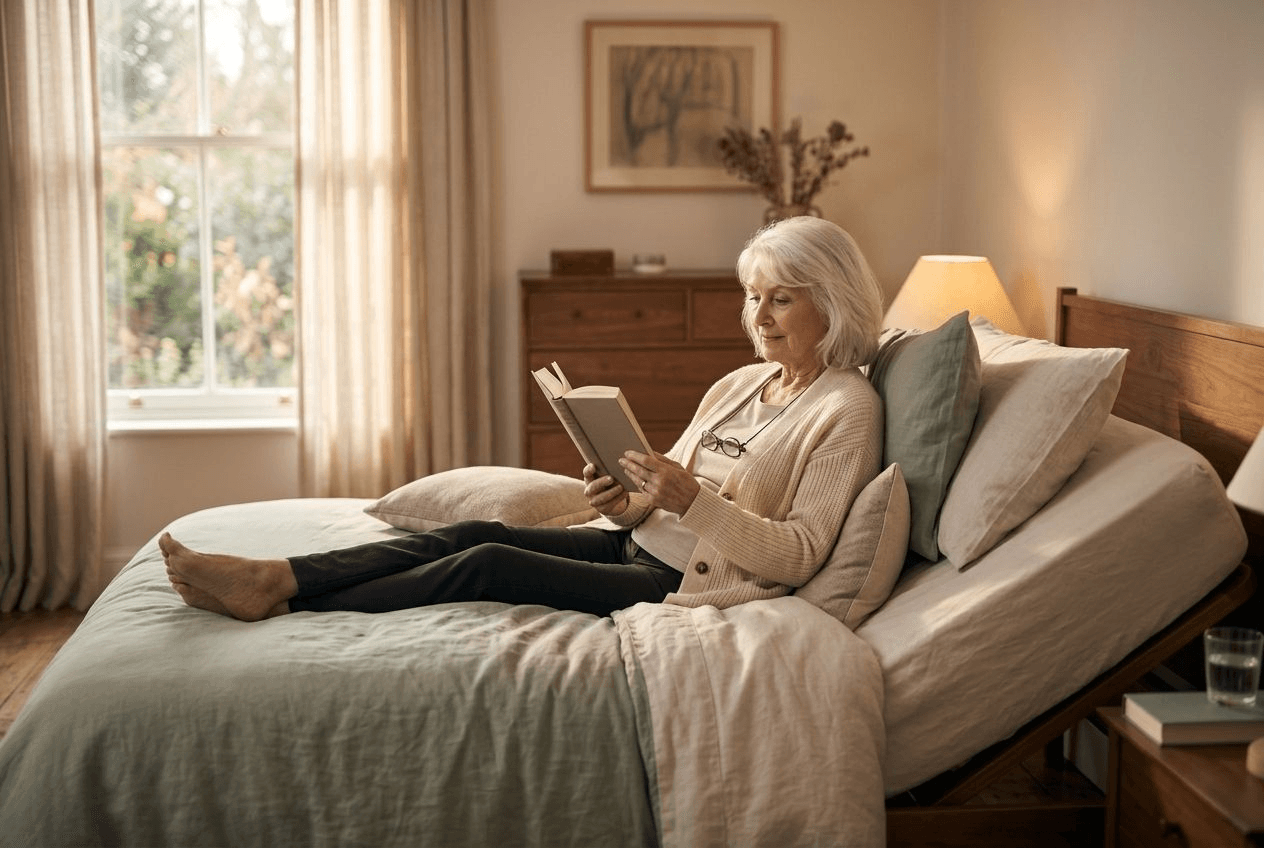 A relaxed woman in her seventies reclining and reading on an adjustable bed with the head section raised, in a softly lit bedroom