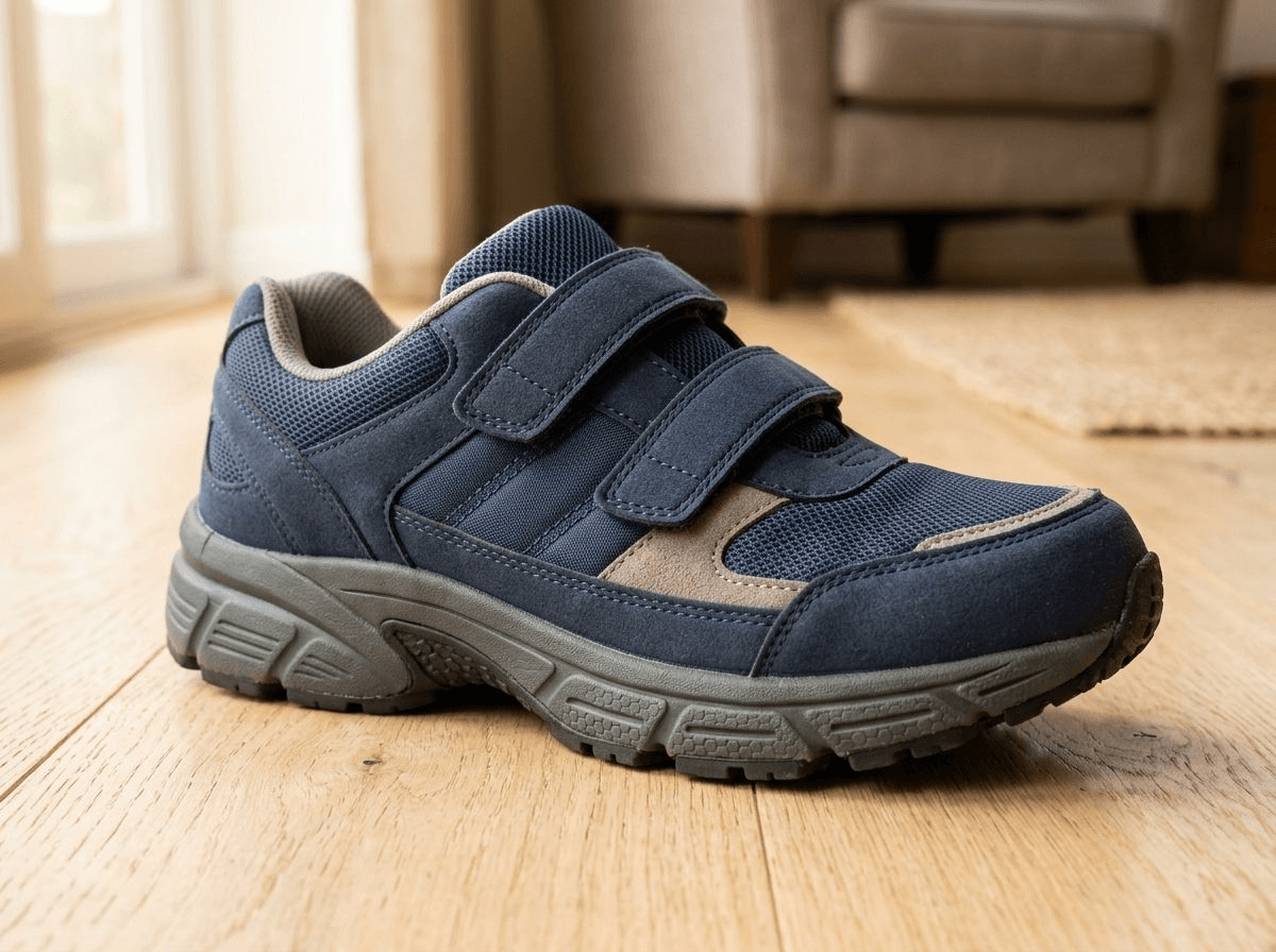 A close-up of a supportive walking sneaker showing its broad low heel, textured slip-resistant sole, and hook-and-loop strap