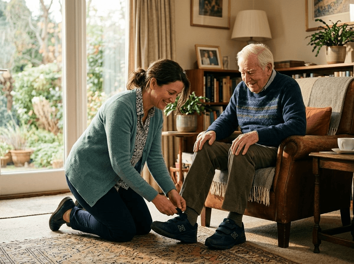 A caregiver in soft clothing kneels to help an older man fasten the strap on his walking shoe in a warm, sunlit living room