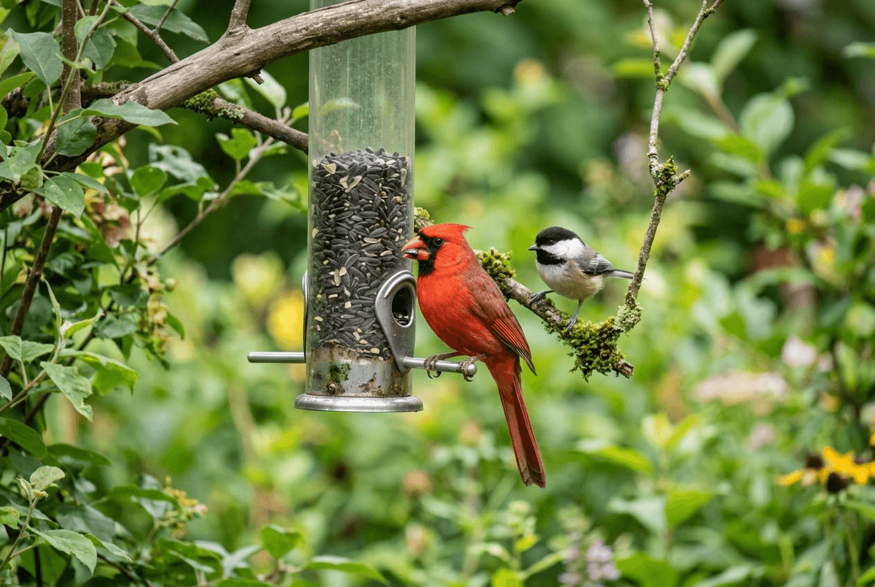 A bright red male northern cardinal feeding at a tube bird feeder in a green backyard, with a small chickadee waiting on a nearby branch