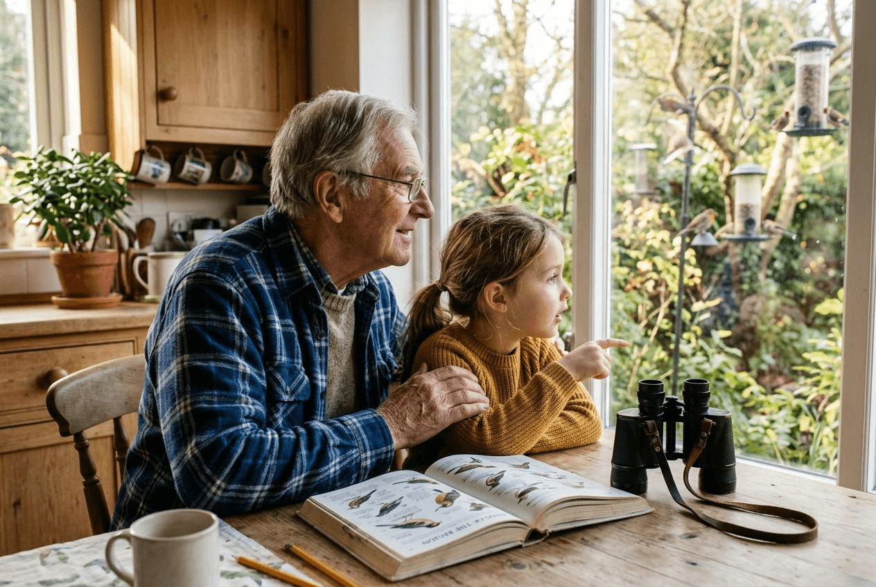 An older man and his young grandchild sitting together at a bright window, looking out with binoculars and an open illustrated bird guide on the table between them