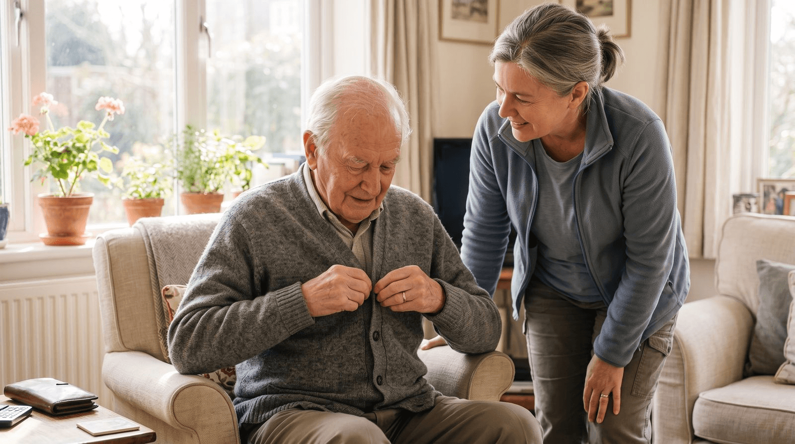 A home caregiver standing supportively beside an elderly man in an armchair as he buttons his own cardigan himself, illustrating help that empowers rather than takes over