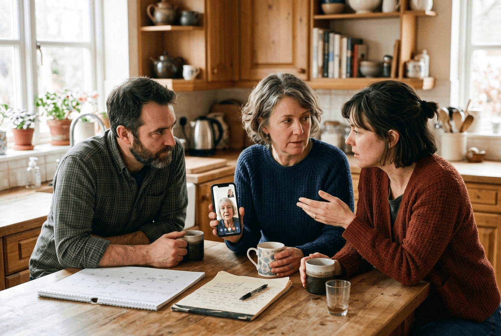 Three adult siblings gathered around a kitchen counter with a calendar and a smartphone on a video call, planning a parent's care together