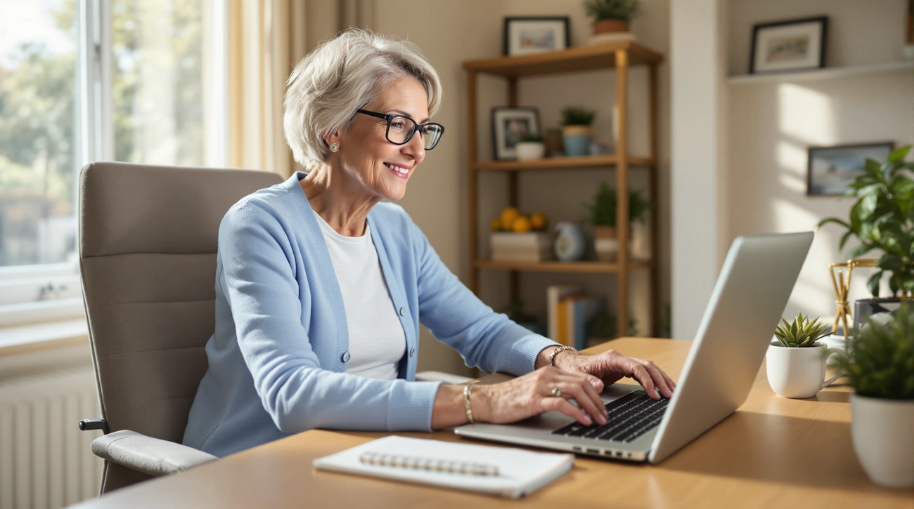Senior woman in a blue cardigan typing on a laptop at a wooden desk in a bright, cozy home office.