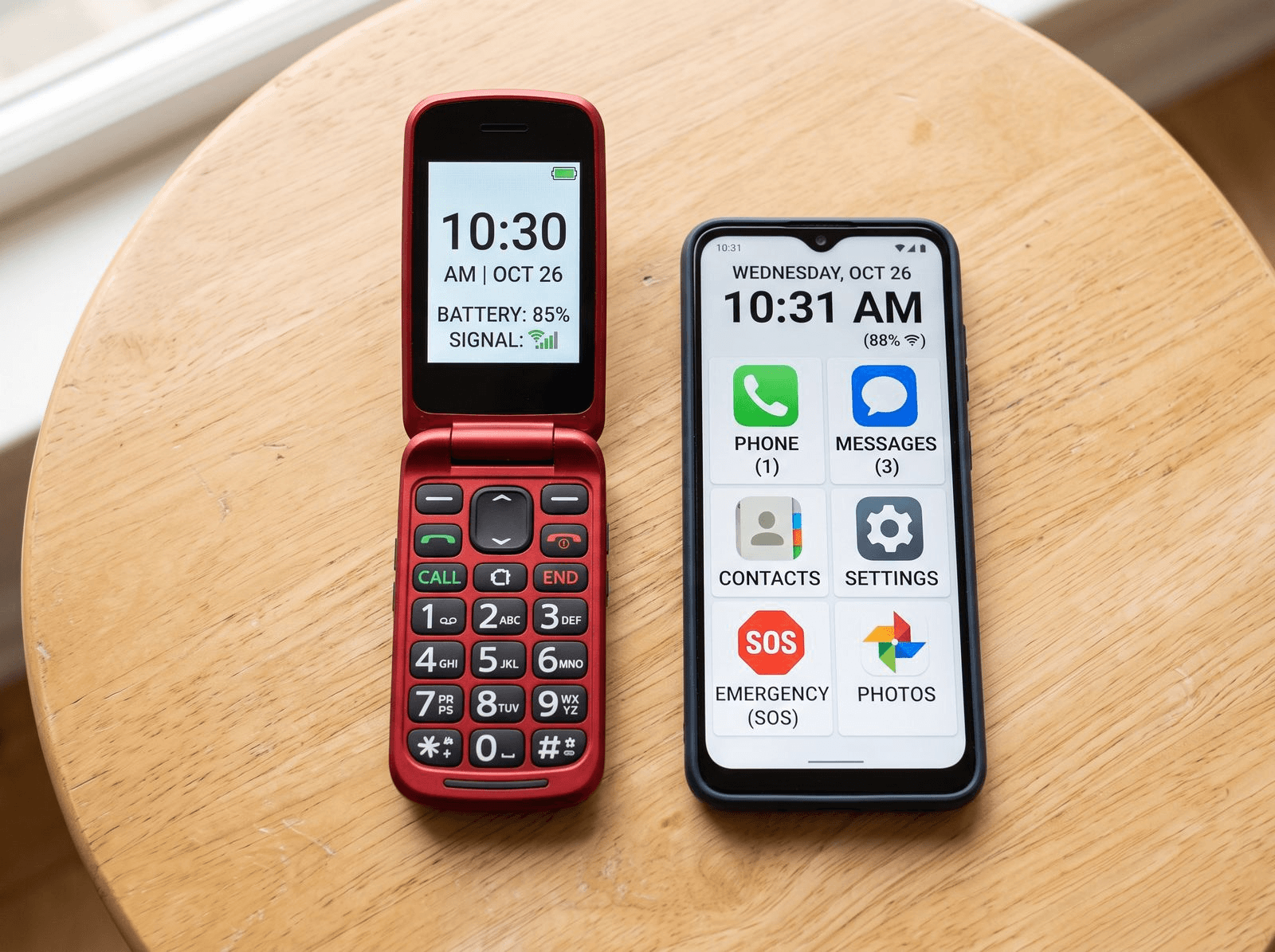 A senior-friendly red flip phone with large number buttons next to a smartphone showing an oversized, simplified home screen on a wooden table