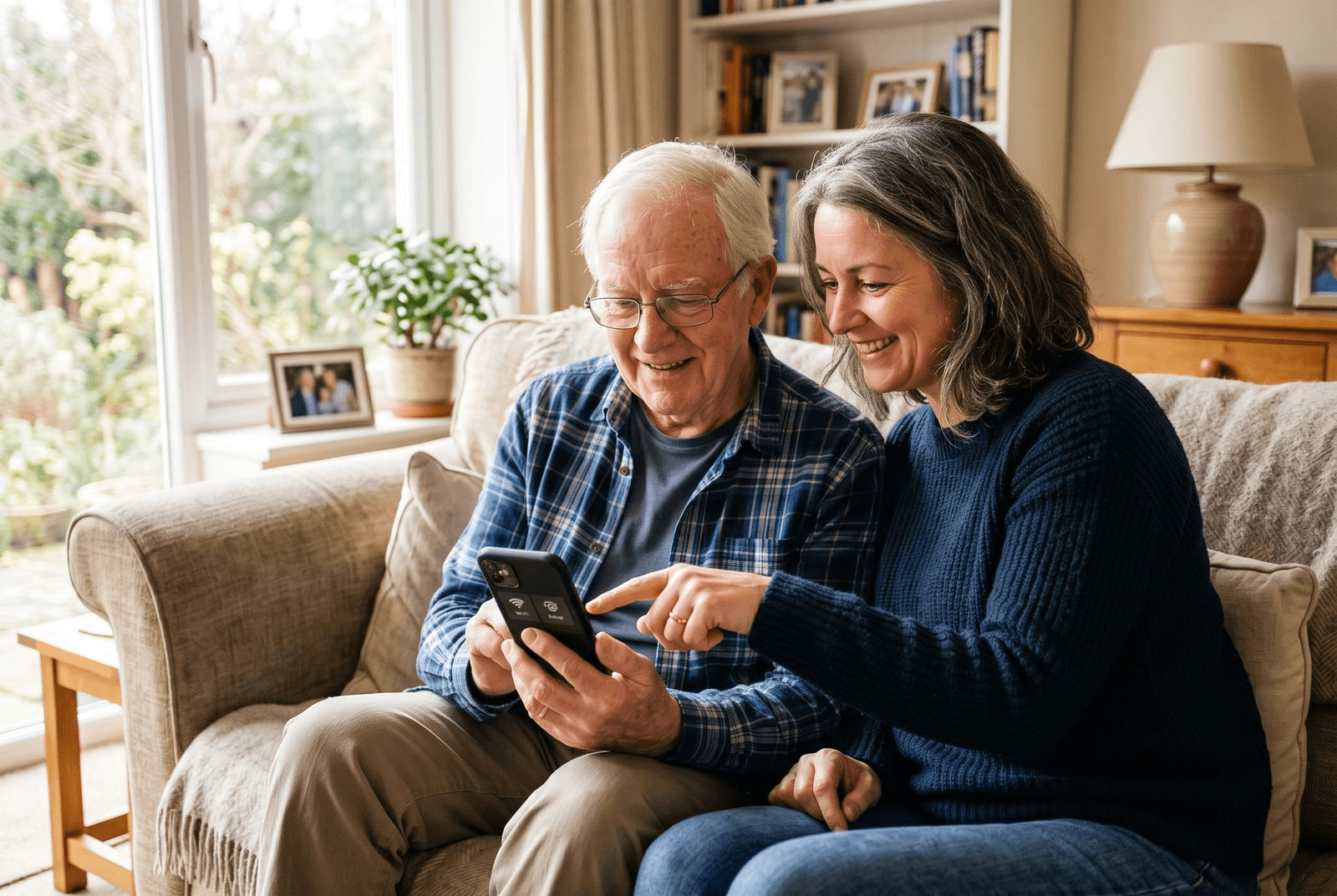 An adult daughter sits beside her elderly father on a sofa, patiently pointing at the screen of the smartphone he is holding as she helps him set it up