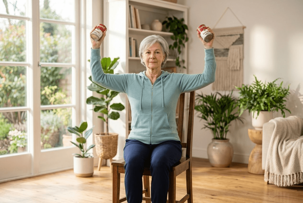The same older woman seated in her wooden chair raising both arms overhead, holding a small can of food in each hand as a light weight, in a sunlit living room