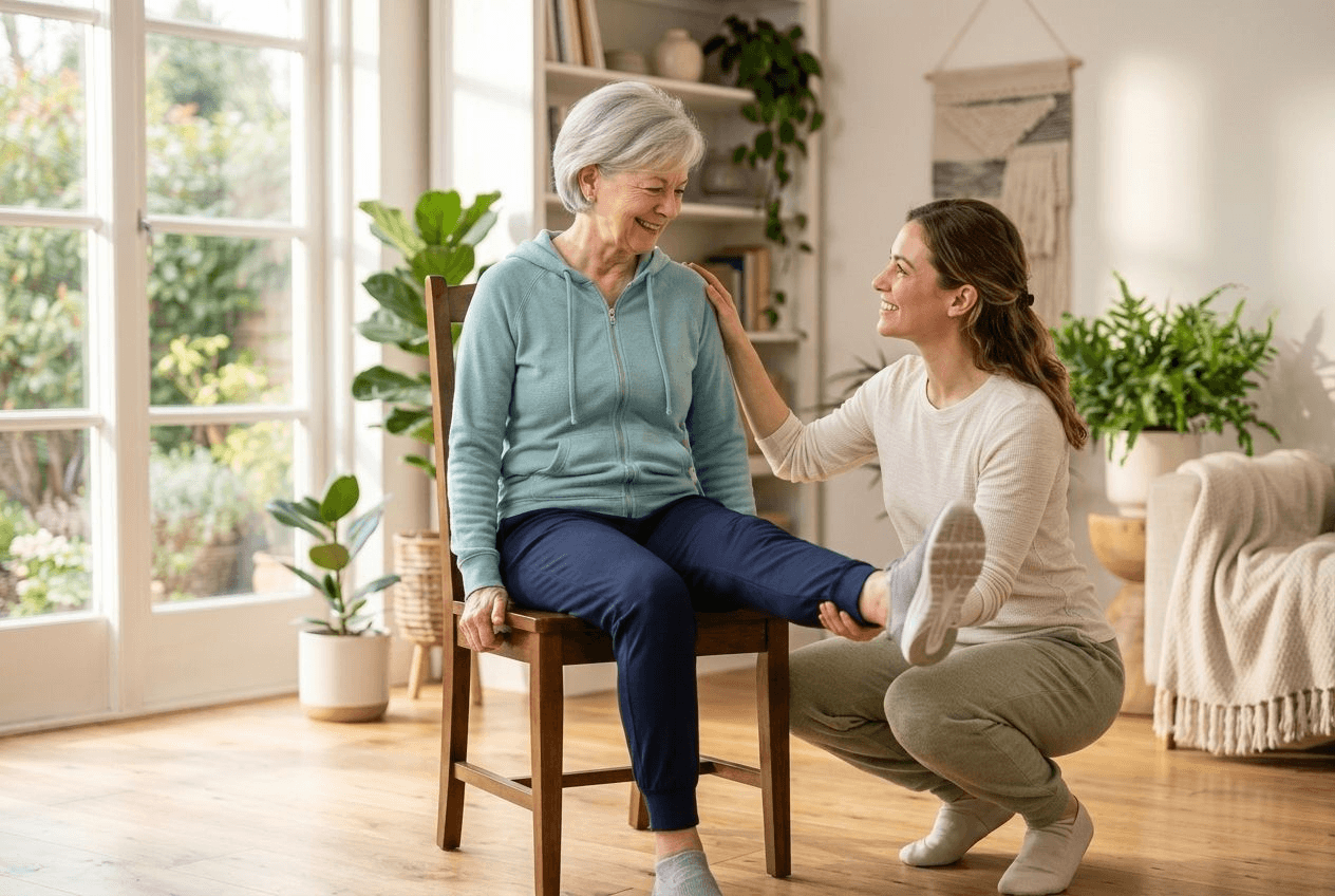 A friendly younger caregiver crouching beside the seated older woman, smiling and encouraging her as she straightens one leg into a seated knee extension