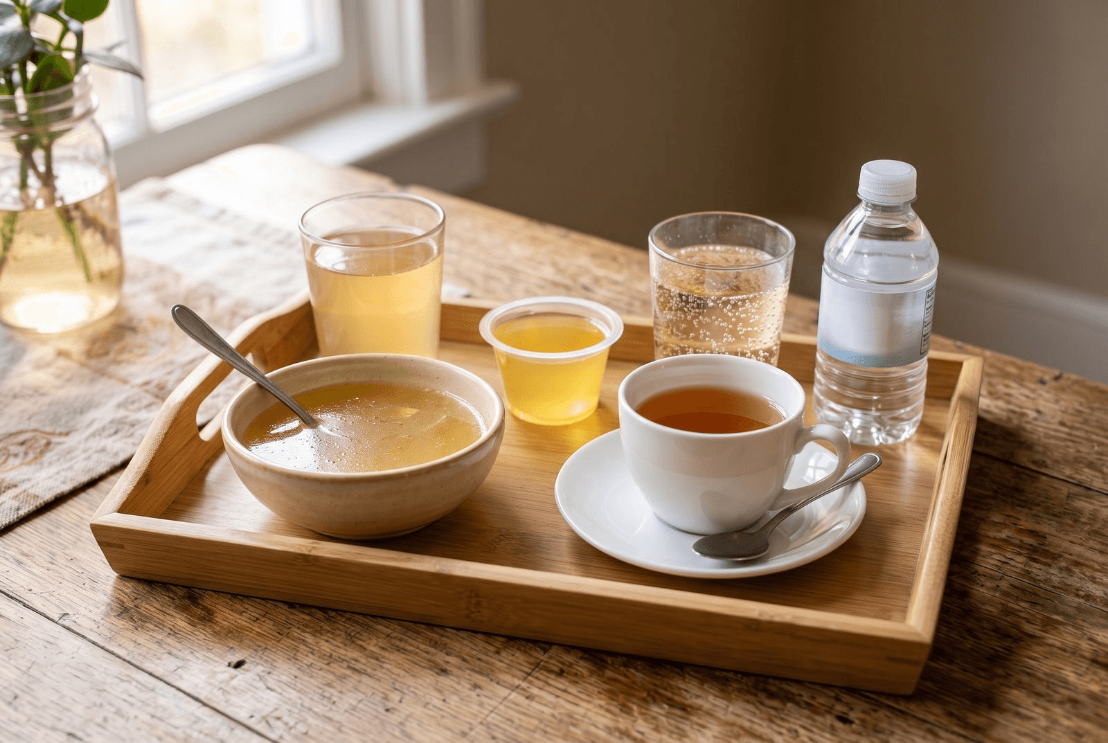 A tidy kitchen tray holding clear liquid diet options for a senior: a bowl of clear broth, a glass of apple juice, a cup of yellow gelatin, plain tea, ginger ale, and a bottle of water