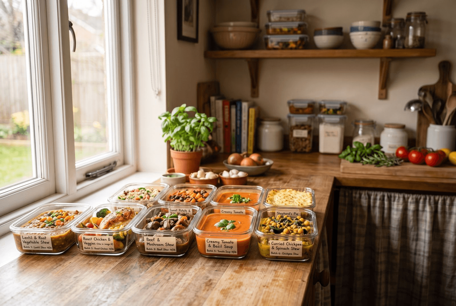 A row of clear glass containers on a wooden counter, each holding a single portion of home-cooked soup, stew, or roasted vegetables, ready to refrigerate or freeze