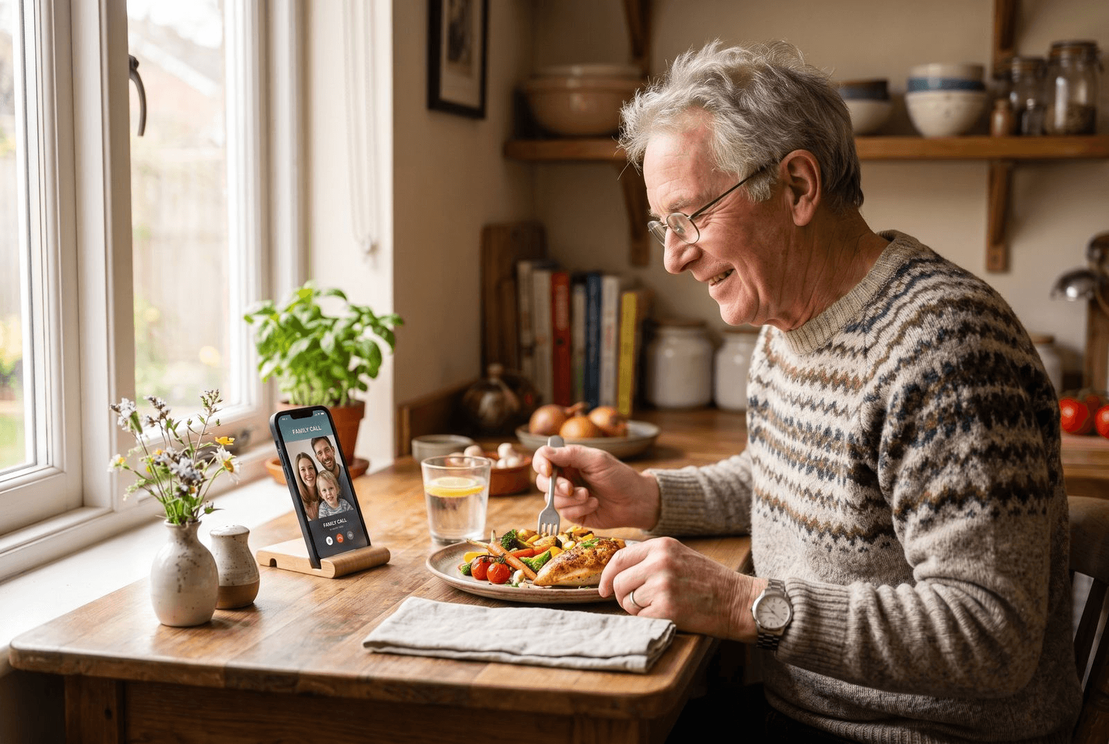 A contented older man in glasses eating a home-cooked meal at a small table by a sunny window, a smartphone propped up showing a family video call
