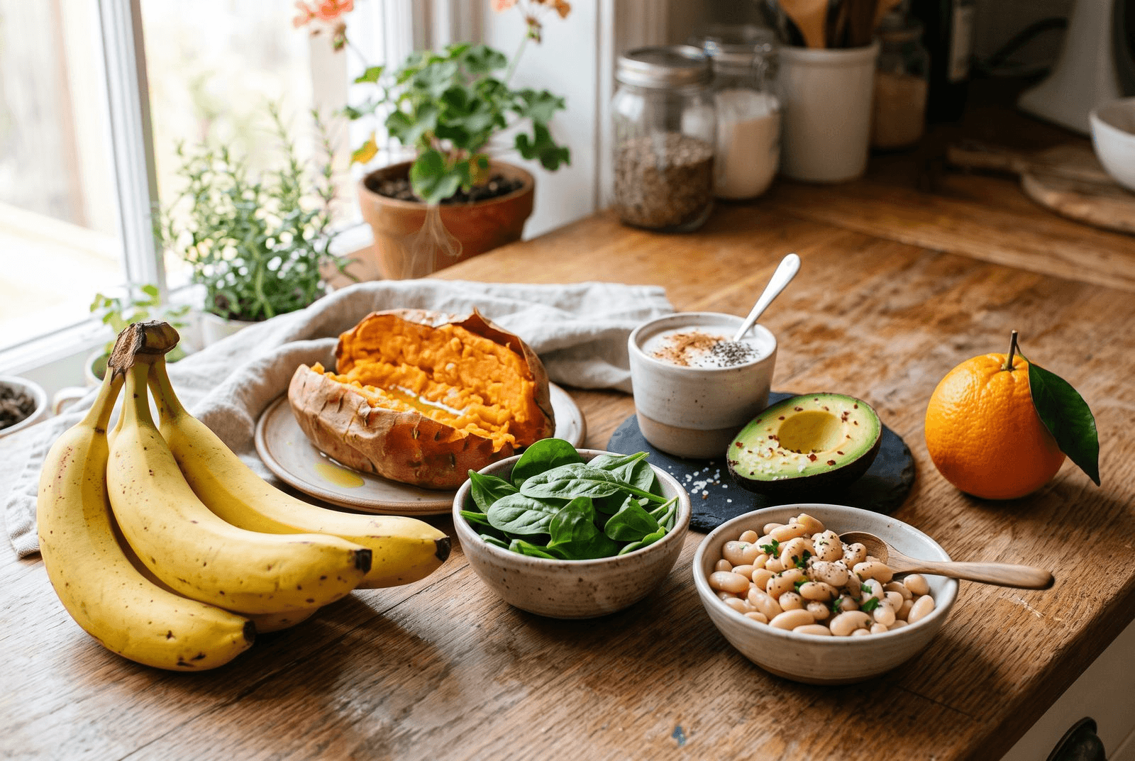 A kitchen counter arrangement of potassium-rich DASH foods: a bunch of bananas, a baked sweet potato cut open, a bowl of fresh spinach, a bowl of white beans, plain yogurt, a halved avocado, and an orange in warm daylight