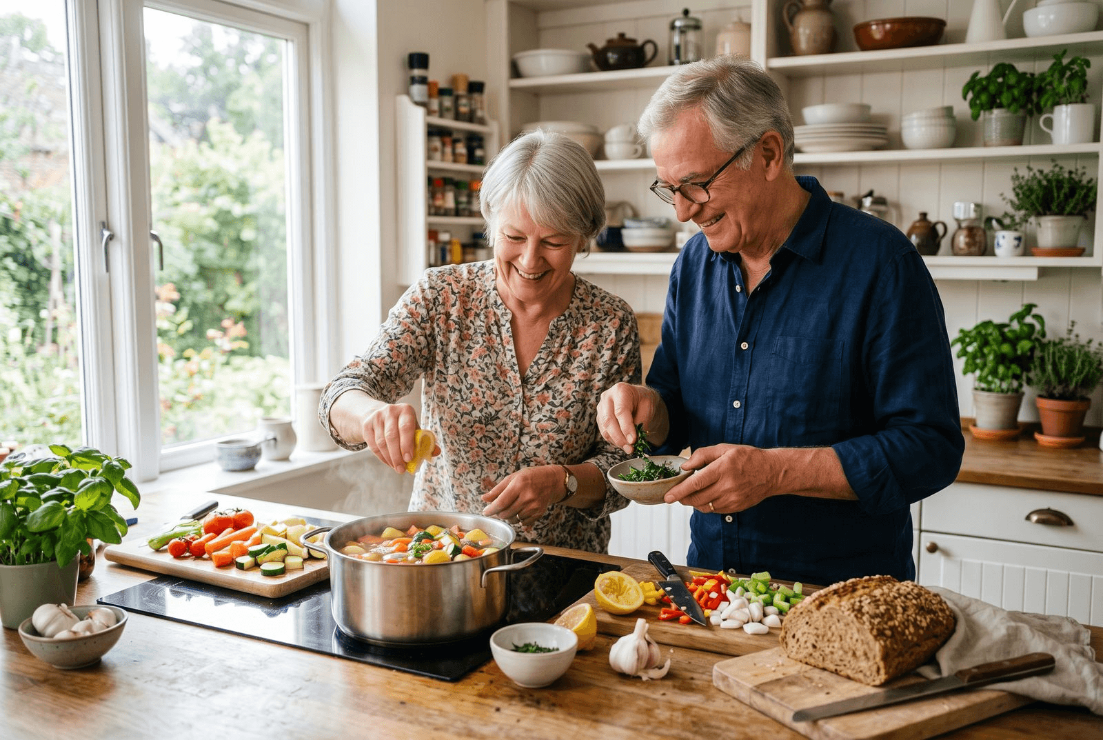 An older couple cooking together in a bright kitchen, seasoning a pot of vegetables with fresh herbs and lemon instead of salt, with a cutting board of chopped vegetables and whole grain bread nearby