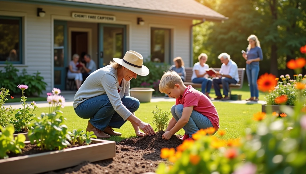 Senior woman and child planting a small shrub together in a community garden on a sunny day.
