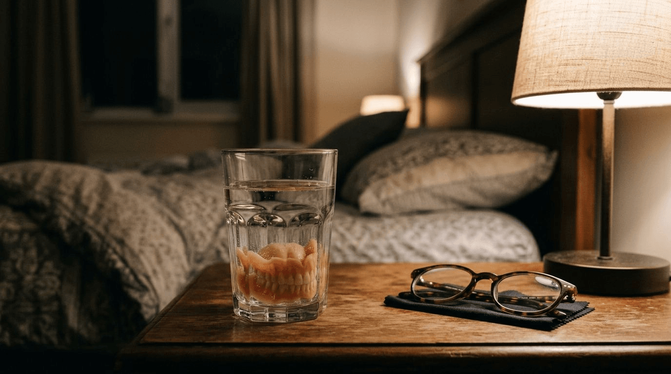 A full denture soaking in a clear glass of water on a wooden nightstand beside a lamp and reading glasses at night