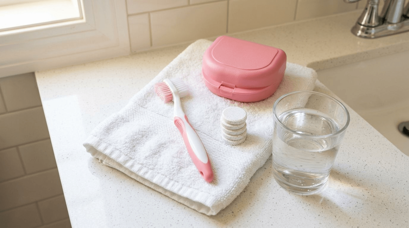 A soft-bristled denture brush, a pink denture storage case, effervescent cleanser tablets, and a glass of water arranged on a folded white towel on a bright bathroom counter