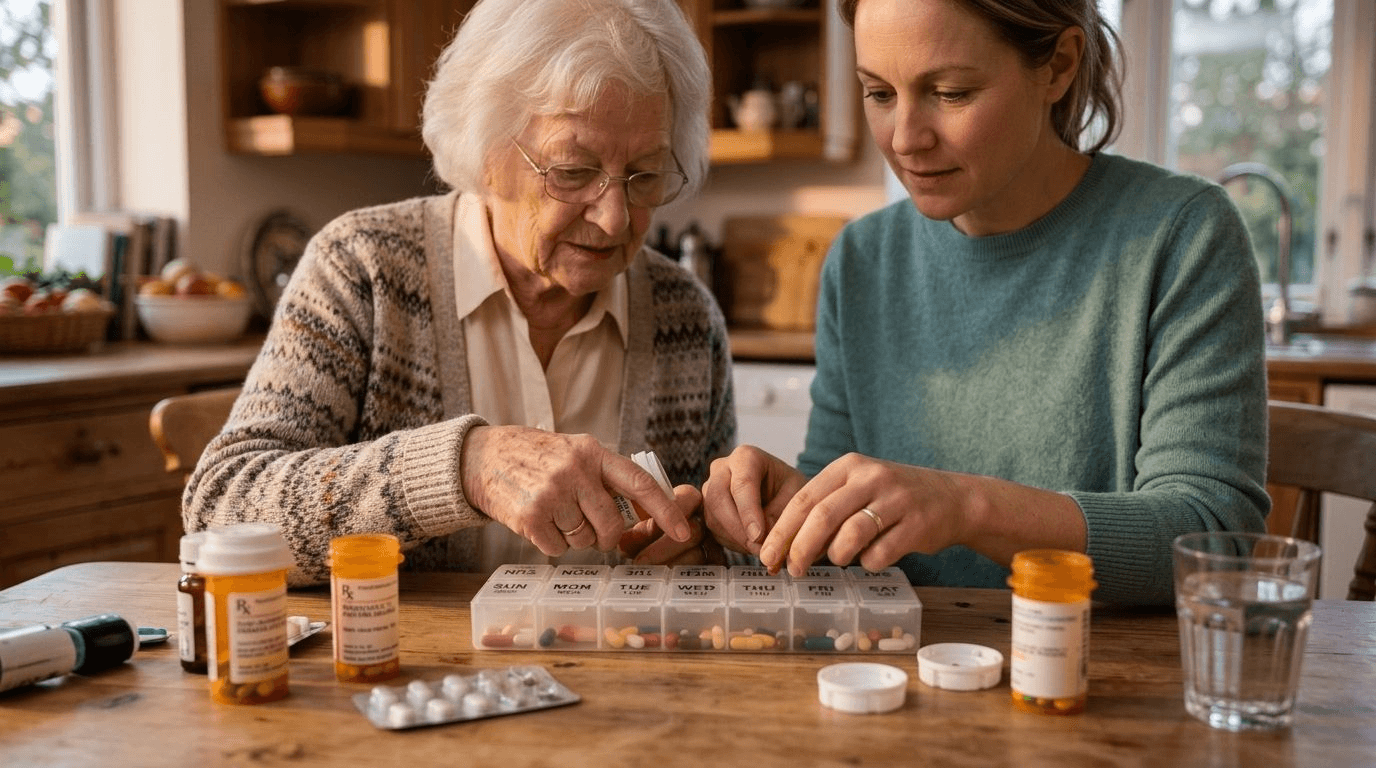 Close-up of an older person's and a caregiver's hands filling a labeled seven-day weekly pill organizer at a kitchen table in the evening