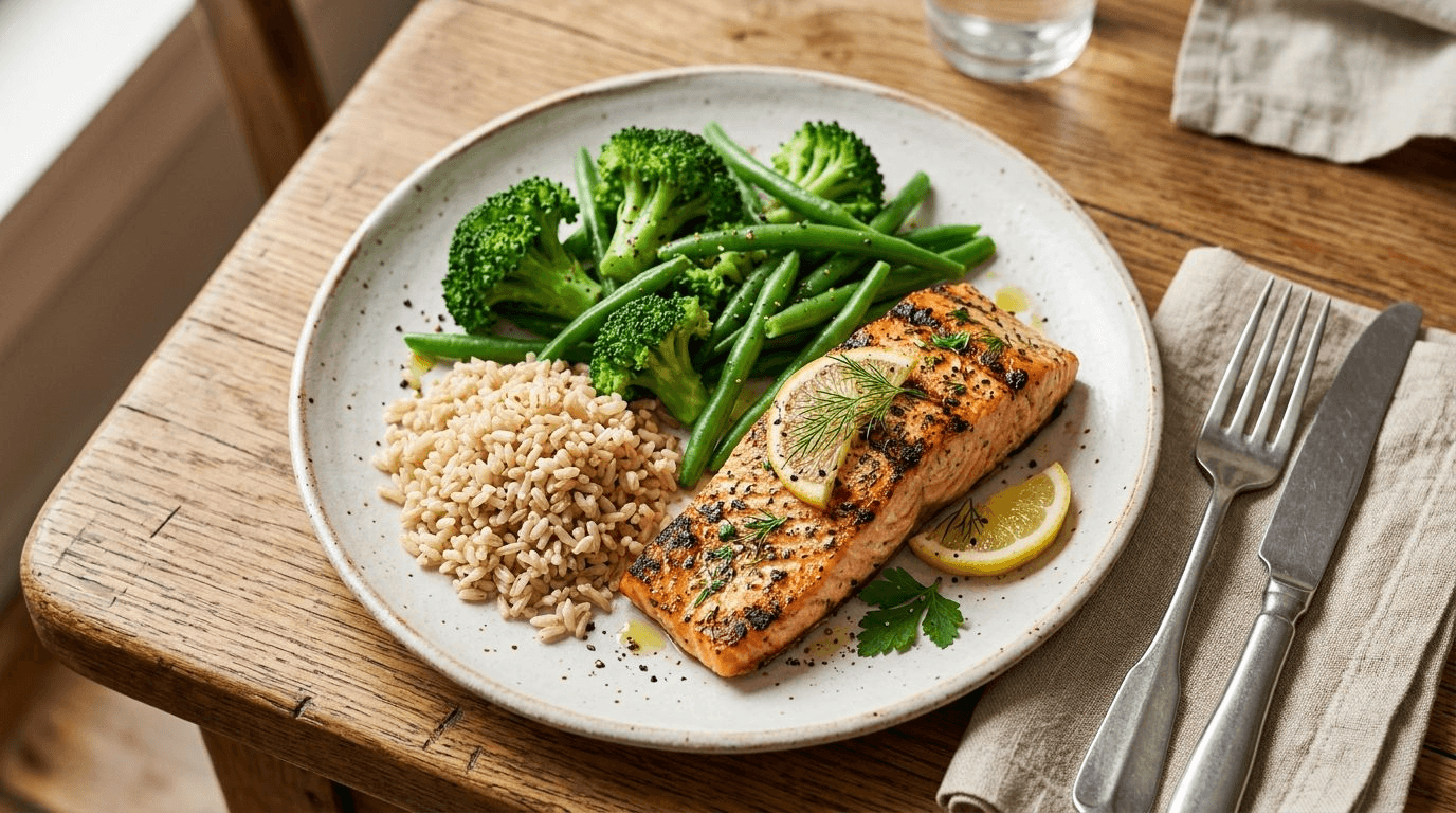A balanced diabetic-friendly plate of grilled salmon, steamed broccoli and green beans, and a small portion of brown rice on a wooden table