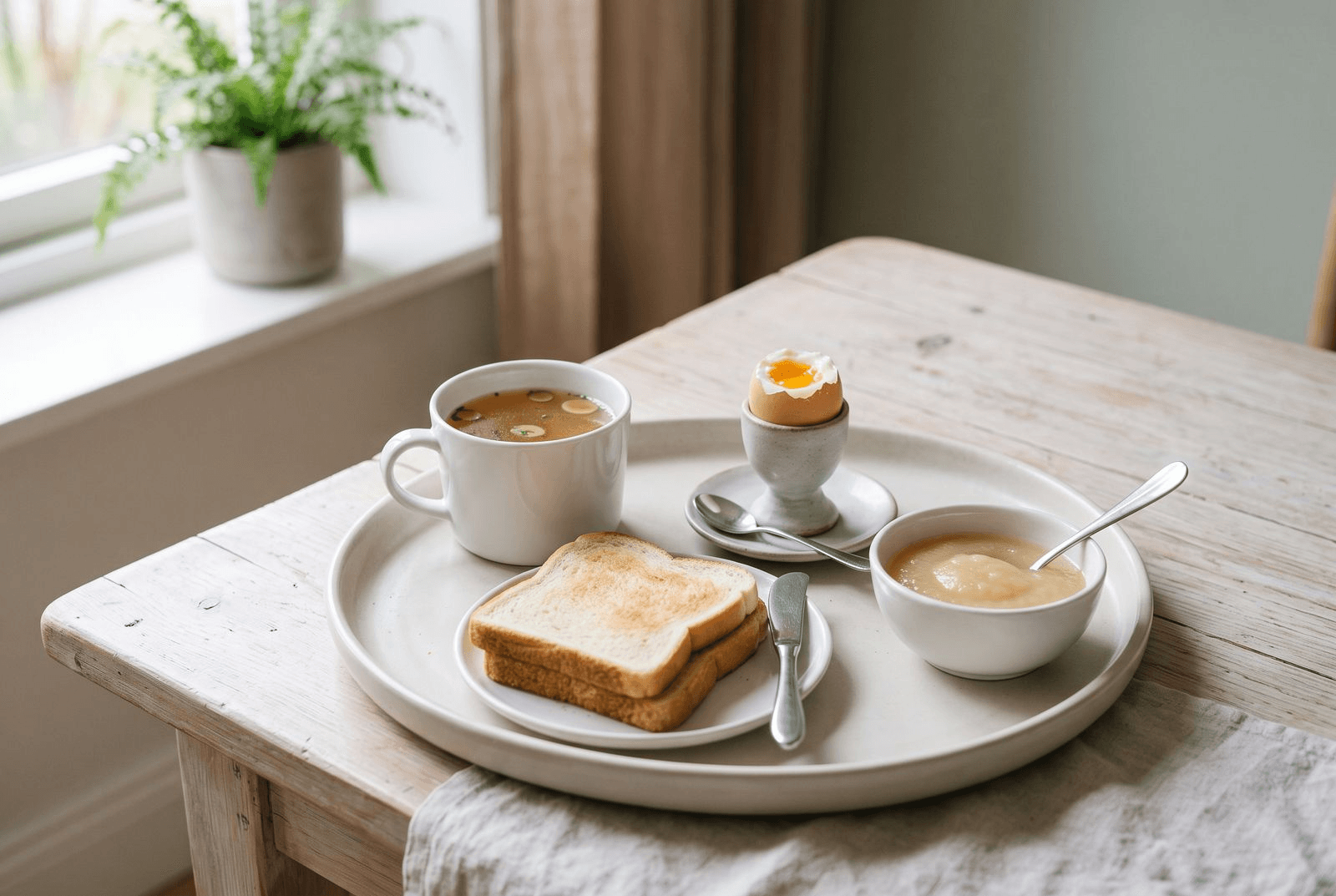 A simple tray of gentle flare-phase foods on a light table: a mug of clear broth, plain white toast, a soft-boiled egg, and applesauce in a small bowl