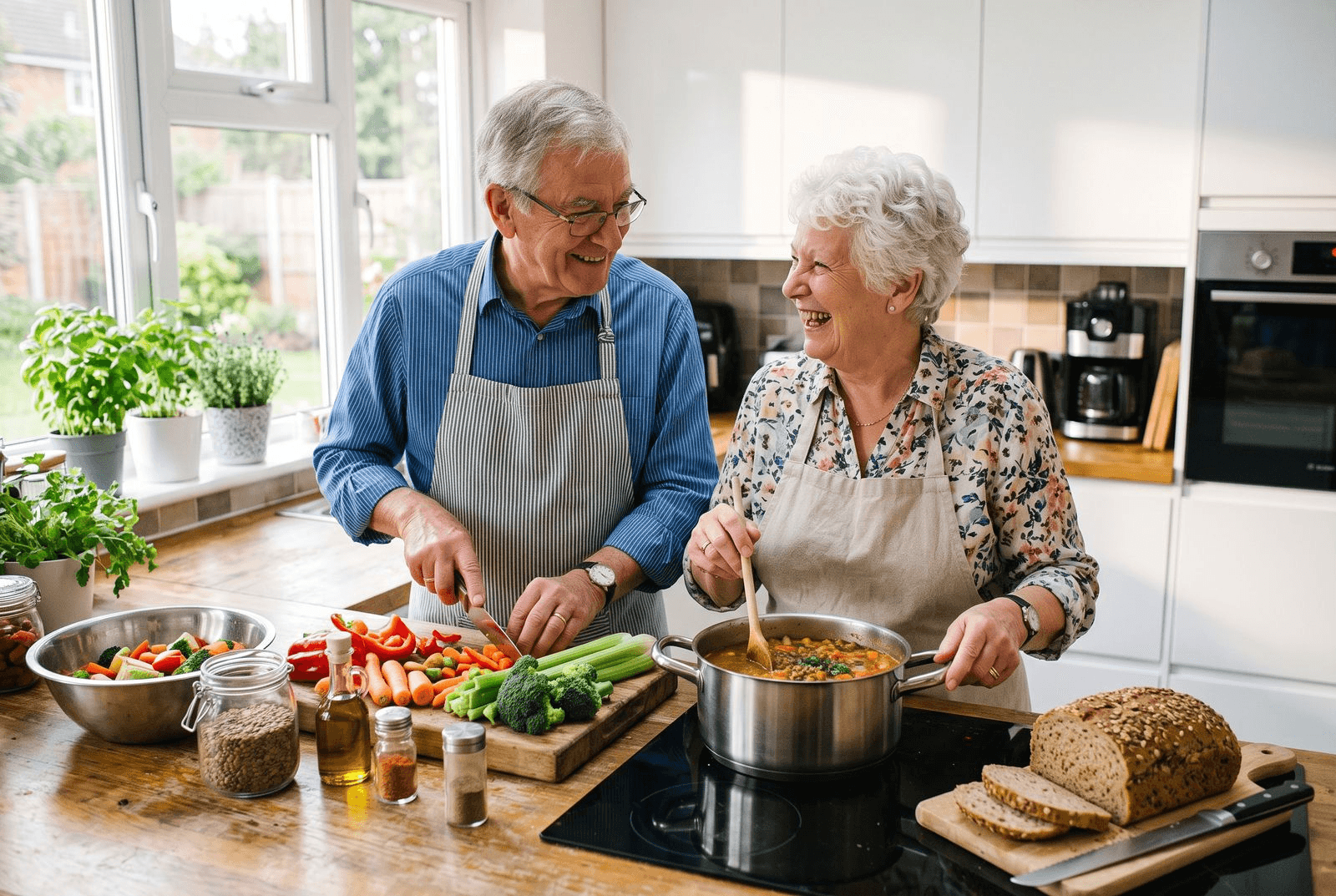 An older couple in a bright kitchen preparing a colorful high-fiber meal together, a cutting board of vegetables, a pot of lentil soup on the stove, and whole grain bread on the counter