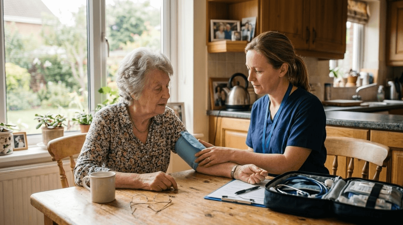 A home health nurse checking an elderly man's blood pressure in his living room during a Medicare-covered skilled nursing visit
