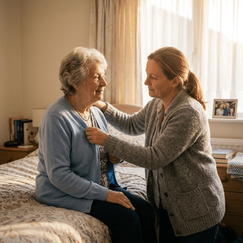 A compassionate caregiver gently helping an elderly woman get dressed in a sunlit bedroom — the kind of personal care Medicare does not cover