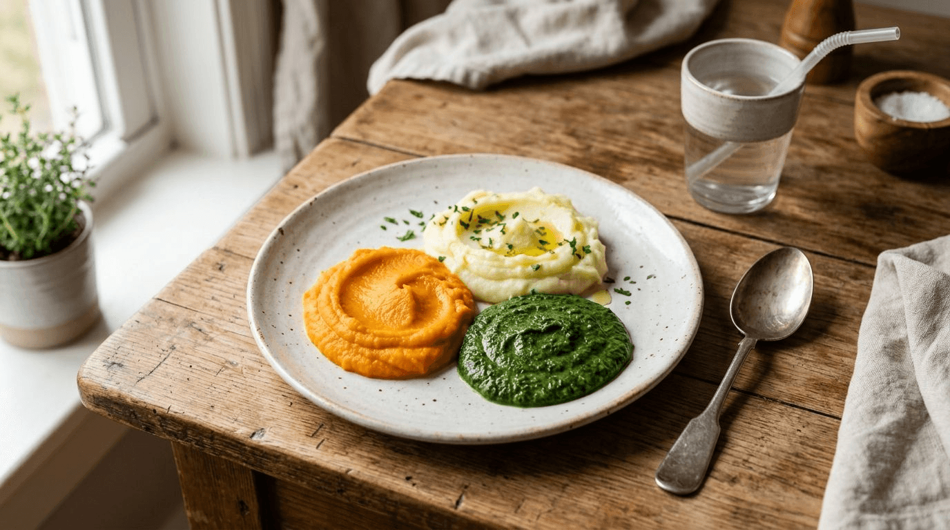 An overhead view of a texture-modified meal: three smooth mounds of pureed food, orange squash, white potato, and green vegetable, arranged on a ceramic plate with a spoon on a wooden table