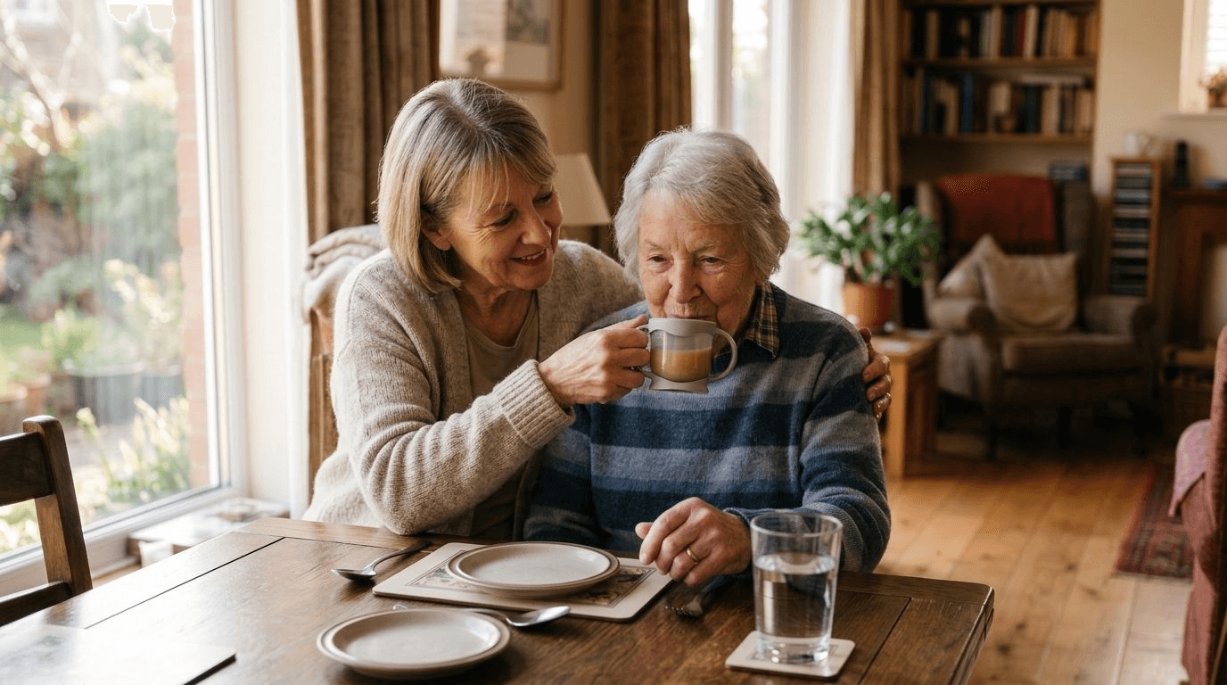 A caregiver in a soft cardigan sitting beside an older woman at a sunlit table, gently helping her sip a thickened drink from a cup while she sits upright
