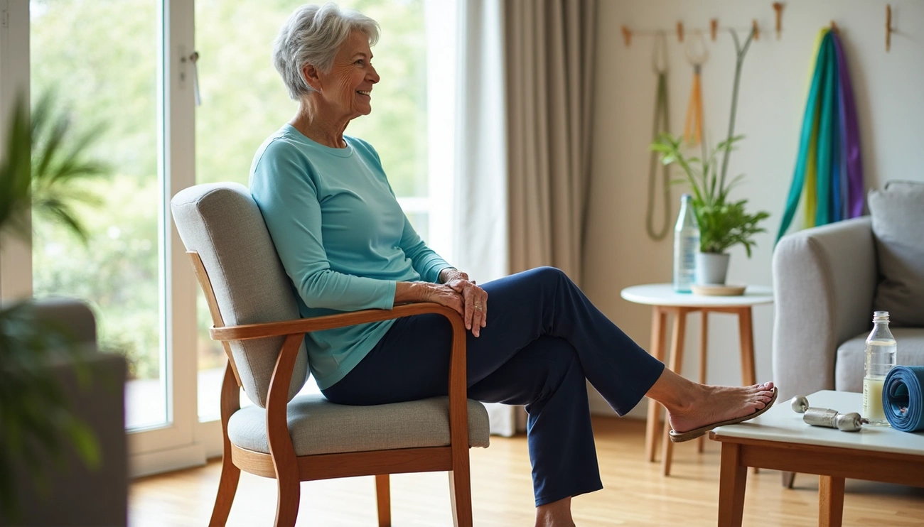 Senior woman exercising at home by stretching her leg while seated in a chair in a bright living room.
