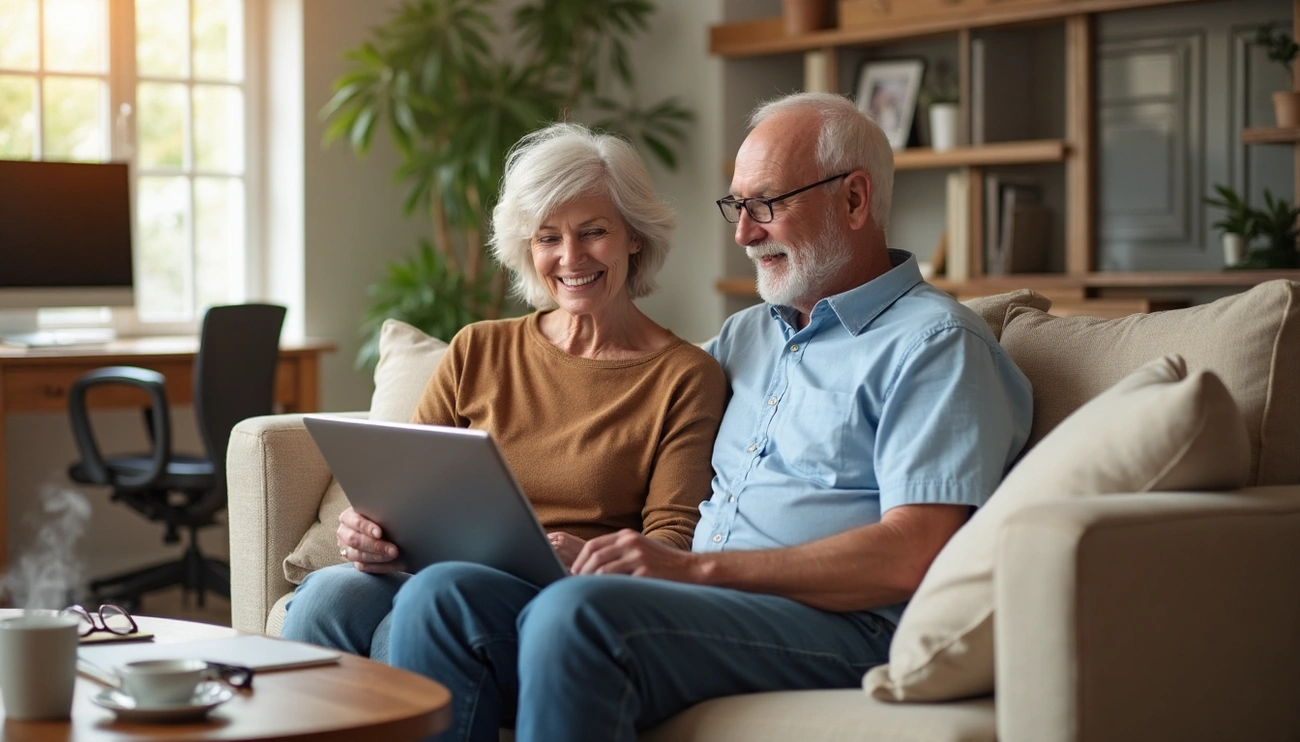 Senior couple sitting on a couch using a digital tablet together in a cozy living room setting.