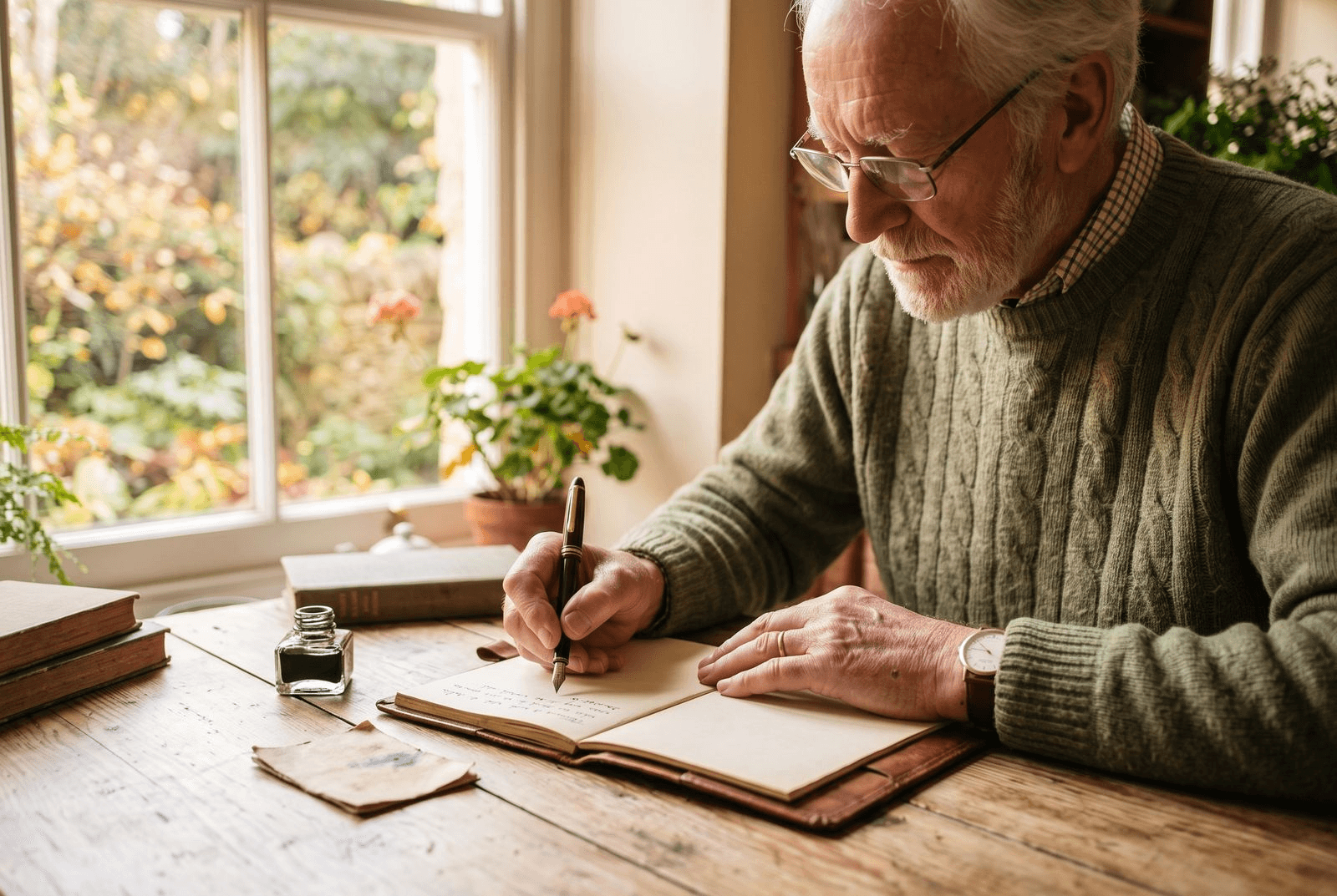 The same older man writing a note by hand with a pen at a sunlit wooden desk, concentrating on the paper
