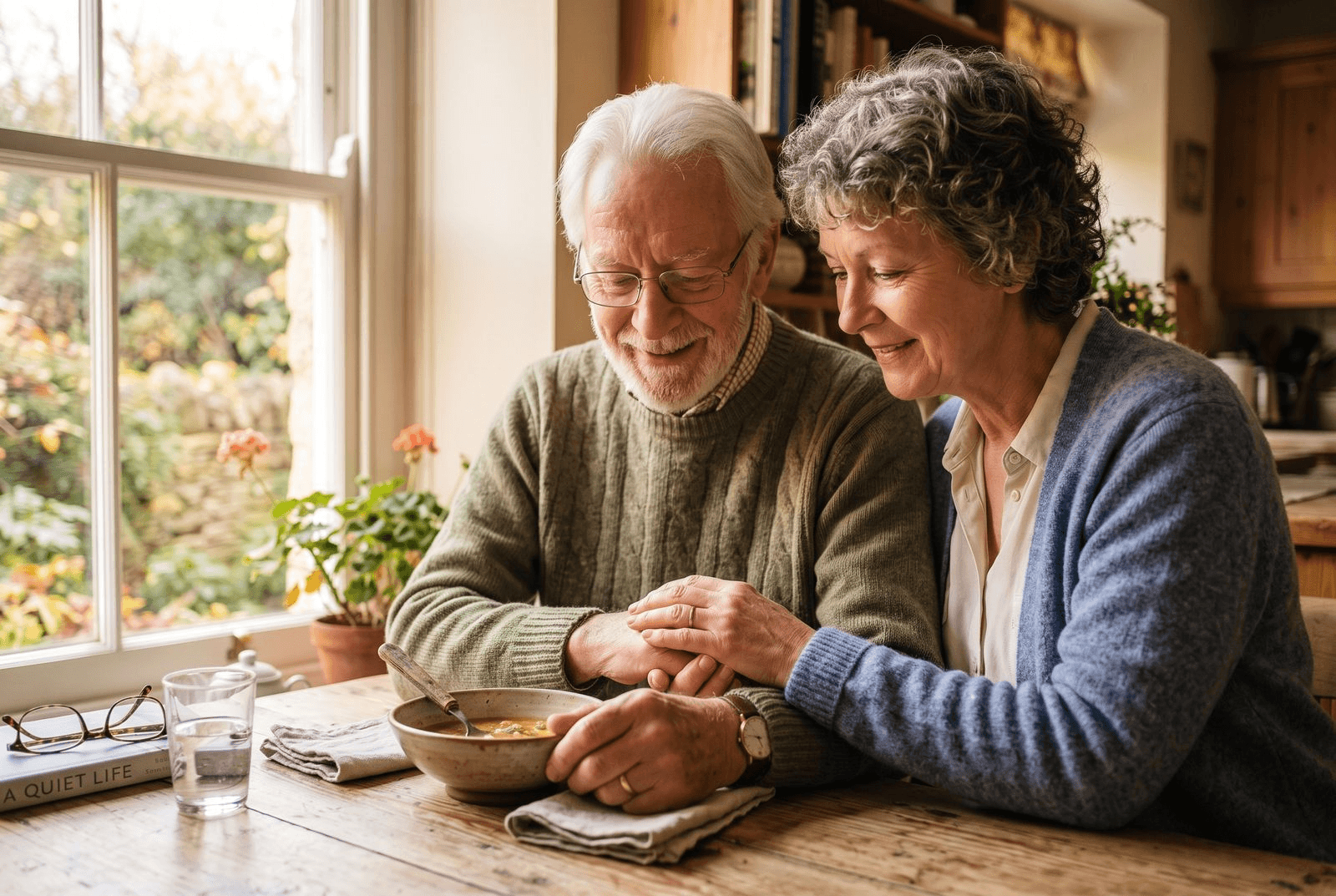 The same older man sharing a meal at the kitchen table while a kind caregiver gently steadies his hand