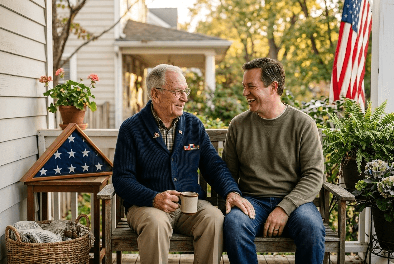 An older veteran in a cardigan sitting with his adult son on a front porch, an American flag visible, in soft afternoon light