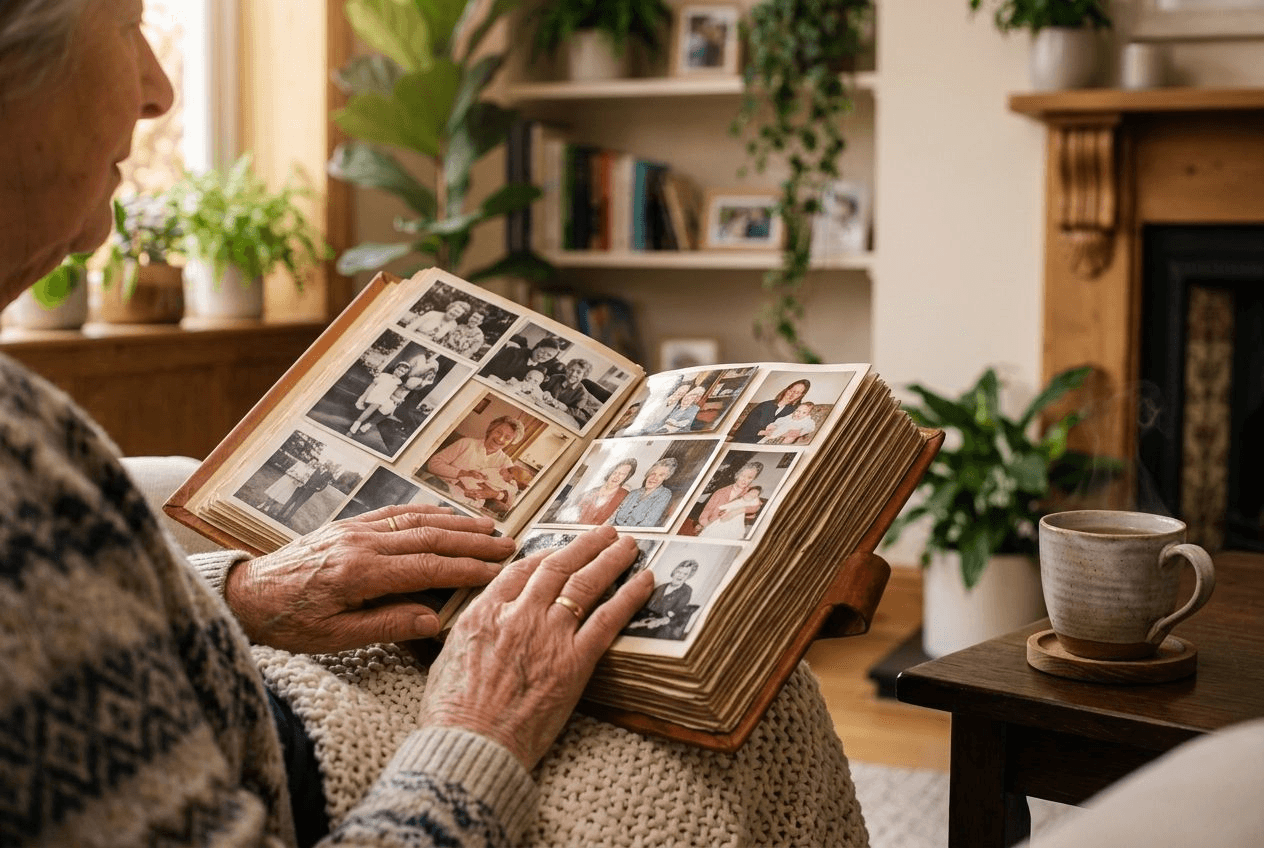 Close-up of an older person's hands resting on an open family photo book on their lap, with a cup of tea on a side table in a warm living room